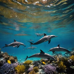 AI generated illustration of group of dolphins swimming in ocean with rocks