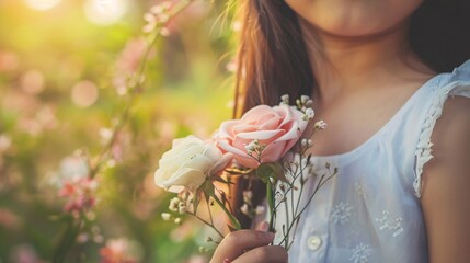 close-up of a girl holding a bouquet of flowers - obrazy, fototapety, plakaty