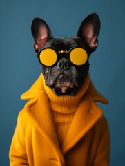 AI generated illustration of a bulldog wearing sunglasses and a yellow coat on a blue background