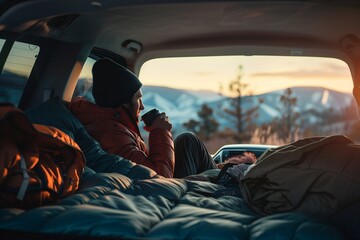 A man sitting in the trunk of his car, holding coffee and looking at mountains through an open window with blue blankets on him, camping gear inside, sunset light