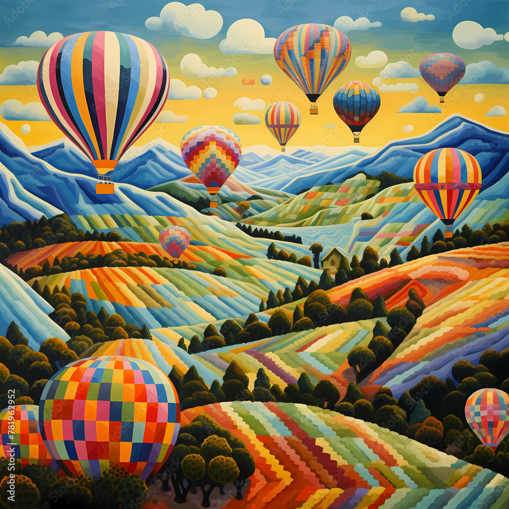 Sticker Hot air balloons over a patchwork of fields. 