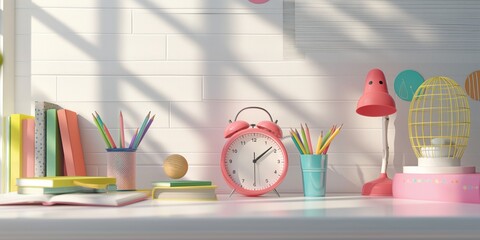 Pastel colored workspace with pink alarm clock