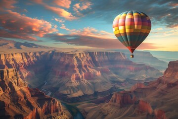 AI generated illustration of a hot air balloon soaring above canyon amidst clouds