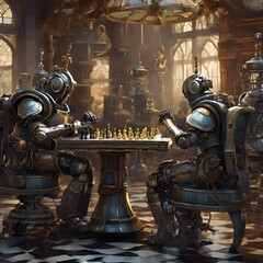 AI generated illustration of steampunk robots playing chess