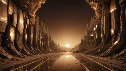 Gordijnen Alien landscape under golden sky vista © Rogue Resolution