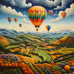 Hot air balloons over a patchwork of fields. 