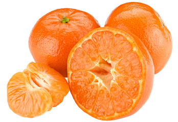 Group ripe clementines or tangerines isolated on a transparent background. Completely in focus.