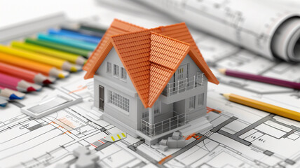 House model on architectural blueprints