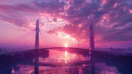 Obraz premium sunset on the big bridge with vaporwave tone color, suitable for wallpaper, posters. Generative AI