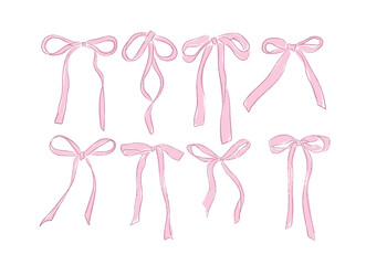 Cute coquette ribbon bow vector, soft girl bow clip art vector. Hand drawn pink ribbon bow line art - obrazy, fototapety, plakaty