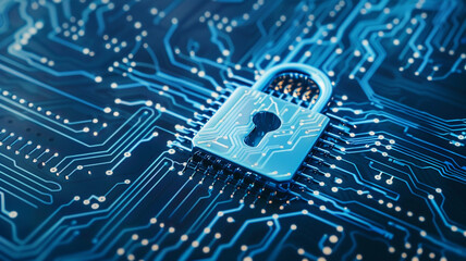 Digital padlock on a circuit board background with a data security concept