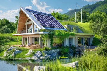 AI generated illustration of solar panels installed on a lush green rooftop of a modern house