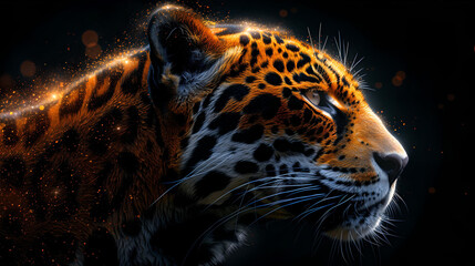 AI generated illustration of a Close-up of a vibrant leopard face in low light