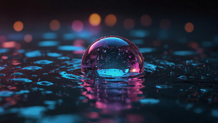 Water neon background with a reflection of sunlight and clear reflective sparkling water drops. Close up of sparkling bubble liquid. Purity, nature, freshness concept
