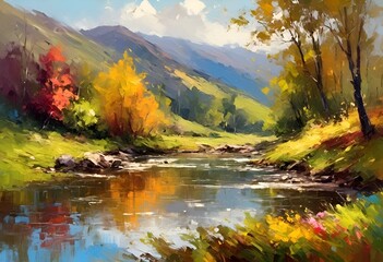 AI generated illustration of a landscape painting of a river among hills and trees in autumn