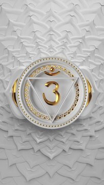 3d third eye chakra symbol rotating over white background. Seamless vertical video of spinning buddhist lotus mandala. Looped motion design of magical oriental sacred geometry ornament