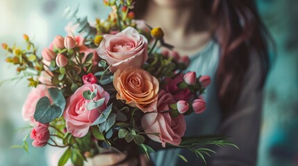 close-up of a girl holding a bouquet of flowers