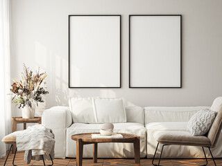 Frame mockup, ISO A paper size. Living room wall poster mockup. Interior mockup with house background. Modern interior design. 3D render
- 781964155