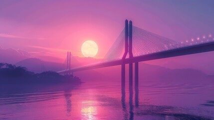 Obraz premium sunset on the big bridge with vaporwave tone color, suitable for wallpaper, posters. Generative AI