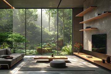 AI generated illustration of A modern glass house adorned with lush vegetation - obrazy, fototapety, plakaty