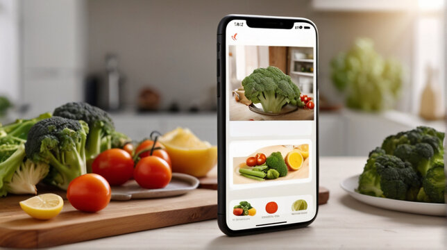 Online cookbook and shopping list through mobile app marketplace. Phone with lunch recipe and ingredients on the screen on the kitchen counter. Modern domestic lifestyle.