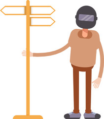 Man with Helmet Character and Signpost
