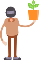 Man with Helmet Character Holding Plant Pot
