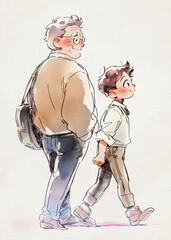 Cartoon Drawing: Middle-Aged Man and Young Boy, Father and son