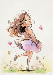 Obraz na płótnie Canvas Cartoon Drawing: Cute Young Girl and Butterflies