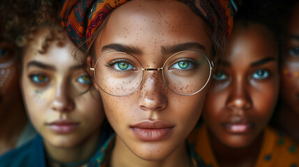 AI generated illustration of three women showcasing the beauty of diversity with piercing eyes - obrazy, fototapety, plakaty