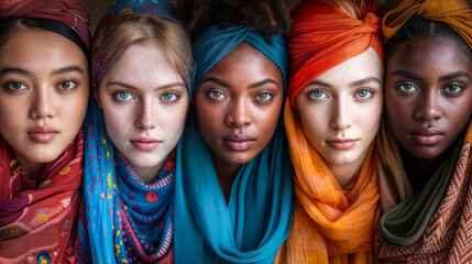 AI generated illustration of diverse faces peer into the soul, wrapped in vibrant headscarves - obrazy, fototapety, plakaty