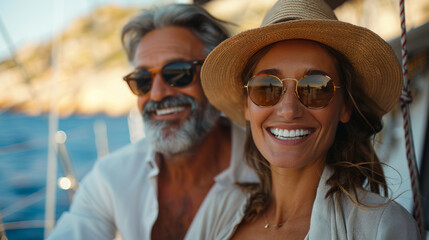 Laughing, happy couple and on a boat for retirement travel, summer freedom and holiday in Bali. Smile, love and a senior man and woman on a yacht for vacation adventure, luxury and a cruise date.