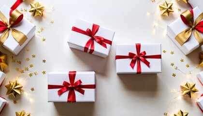 Gift boxes on a white background, gold and red ribbons, white boxes. Gift for holidays, Christmas, birthday. Wide banner, background template with copy space