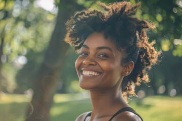Portrait of a beautiful African American woman smiling in the park