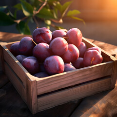 Round plums harvested in a wooden box in a farm with sunset. Natural organic fruit abundance. Agriculture, healthy and natural food concept.