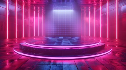 Futuristic 3D podium on a digital grid, neon lights shimmering, perfect for high-tech product showcases.