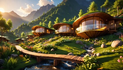 several houses sitting on top of a lush green hillside next to some mountains - obrazy, fototapety, plakaty
