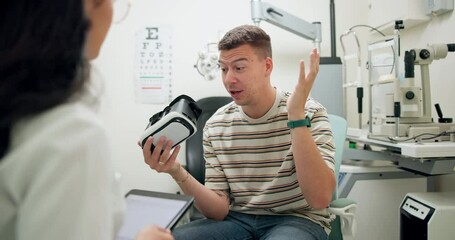Optometrist, vr goggles and discussion of vision, future eye health or wellness for medical innovation. Specialist, clinic and optical support for prescription, check up and consultation or care