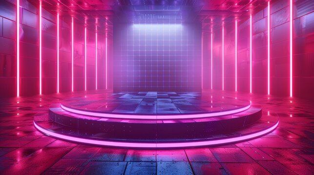 Futuristic 3D podium on a digital grid, neon lights shimmering, perfect for high-tech product showcases.