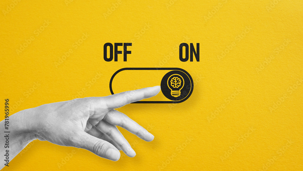 Poster On and off toggle switch button with idea light bulb icon. Start thinking. Creative idea generation process switching into action. Brainstorming process
