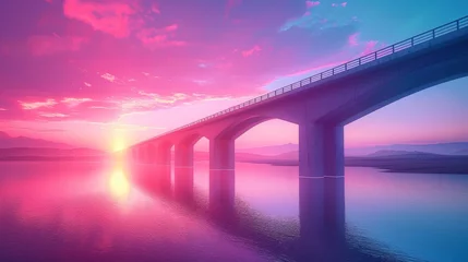 Raamstickers sunset on the big bridge with vaporwave tone color, suitable for wallpaper, posters. Generative AI © wellyans