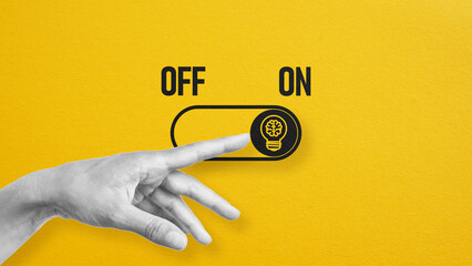 On and off toggle switch button with idea light bulb icon. Start thinking. Creative idea generation process switching into action. Brainstorming process - obrazy, fototapety, plakaty