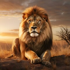 AI generated illustration of a lion with resting peacefully in a grassy field