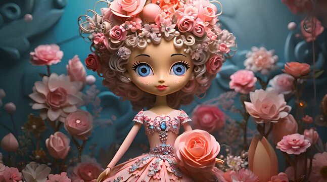 cute girl baby doll featuring a clay doll a smiling pink dress. simple animation video