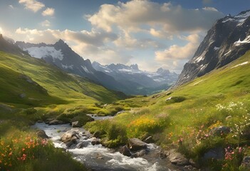 AI generated illustration of a scenic stream meandering through a vibrant green valley