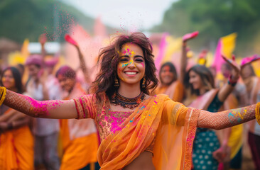 Indian woman in sari among colorful powder - 781966399