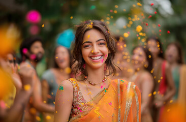 Young Indian woman in sari among colorful powder - 781966500
