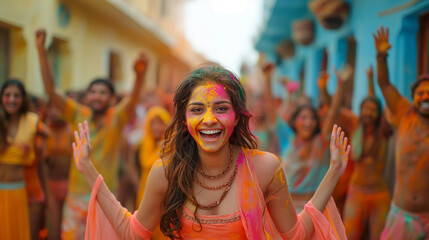 Indian woman in sari among colorful powder - 781966558