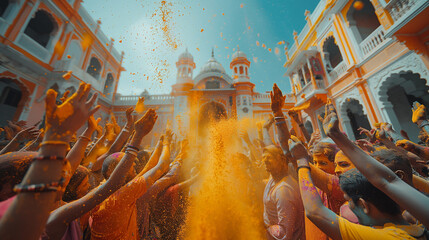 Low angle view of Indian people throwing colorful powder - 781966560