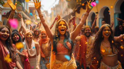 Group of Indian women among colorful powder - 781966577